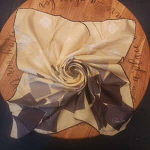 Cornelia James Vintage Elegant Silk Scarf With B/W/G On A Beige , Tan Background